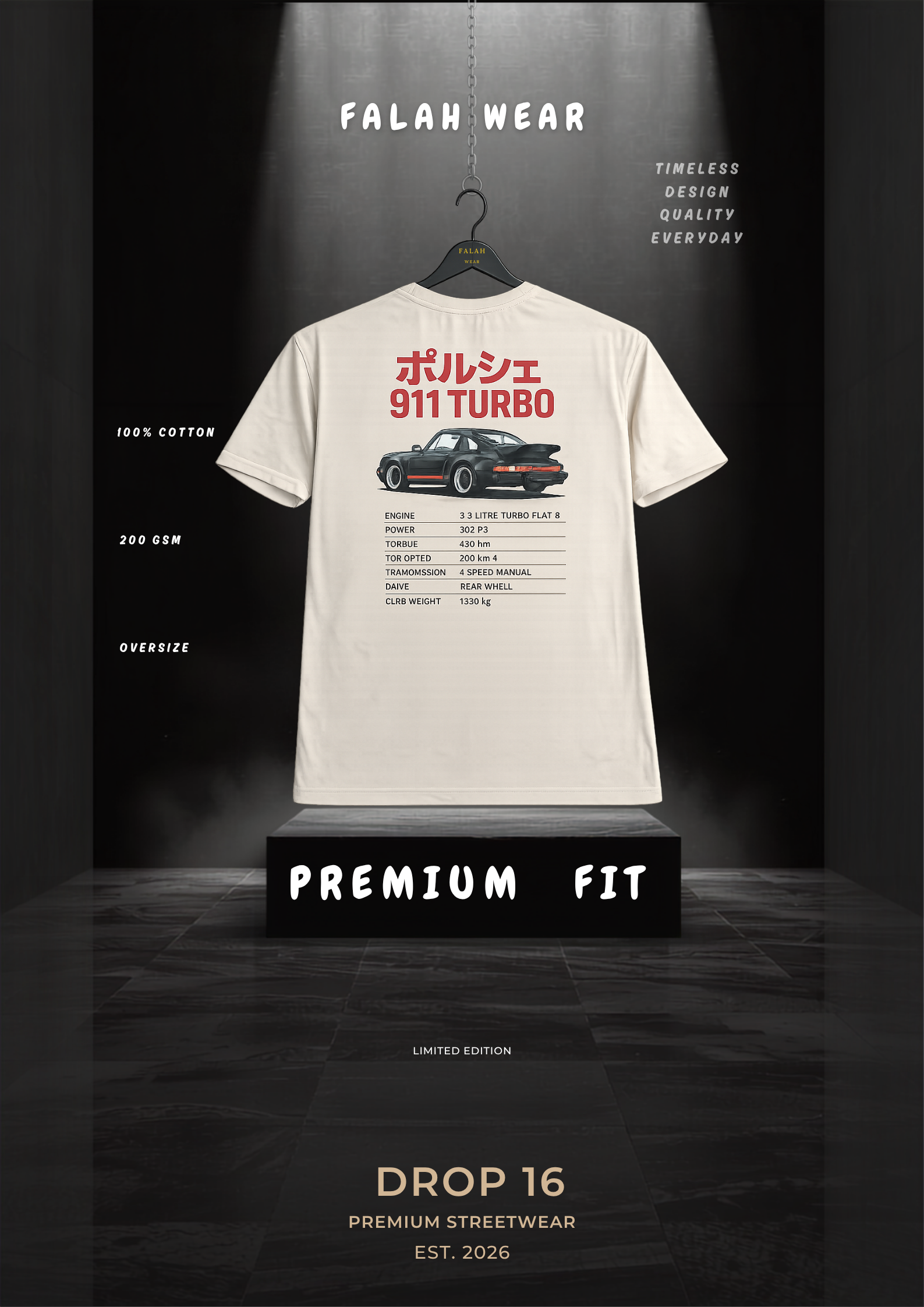 A white short-sleeve T-shirt hanging on a black hanger against a dark spotlighted background. The shirt has red Japanese text reading '911 TURBO' above a small car graphic and a black technical-style spec print below.