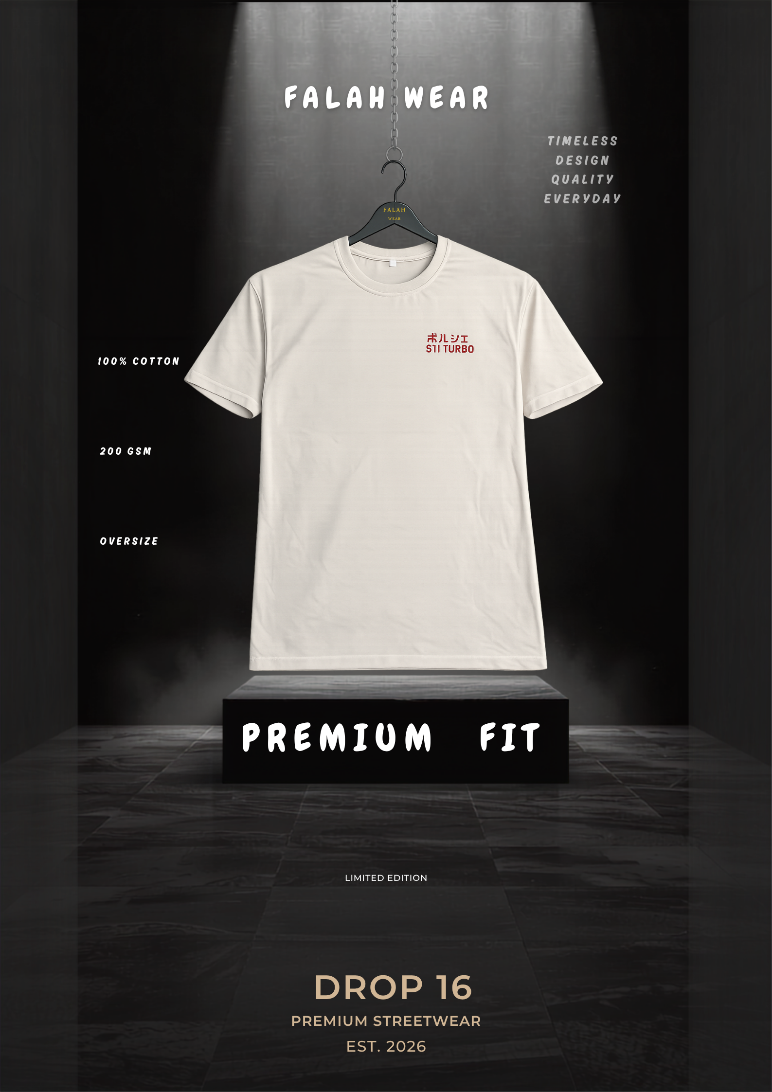 A white short-sleeve t-shirt with a small red chest logo, displayed on a hanger over a black pedestal in a dark, dramatic studio setting. Text around the shirt reads 'FALAH WEAR', 'PREMIUM FIT', and 'DROP 16'.