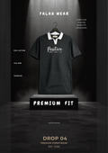 A black short-sleeve polo shirt with a white collar and white printed text on the chest, hanging on a hanger above a pedestal in a dramatic dark studio setting. The image includes promotional text such as 'FALAH WEAR', 'PREMIUM FIT', and 'DROP 04'.