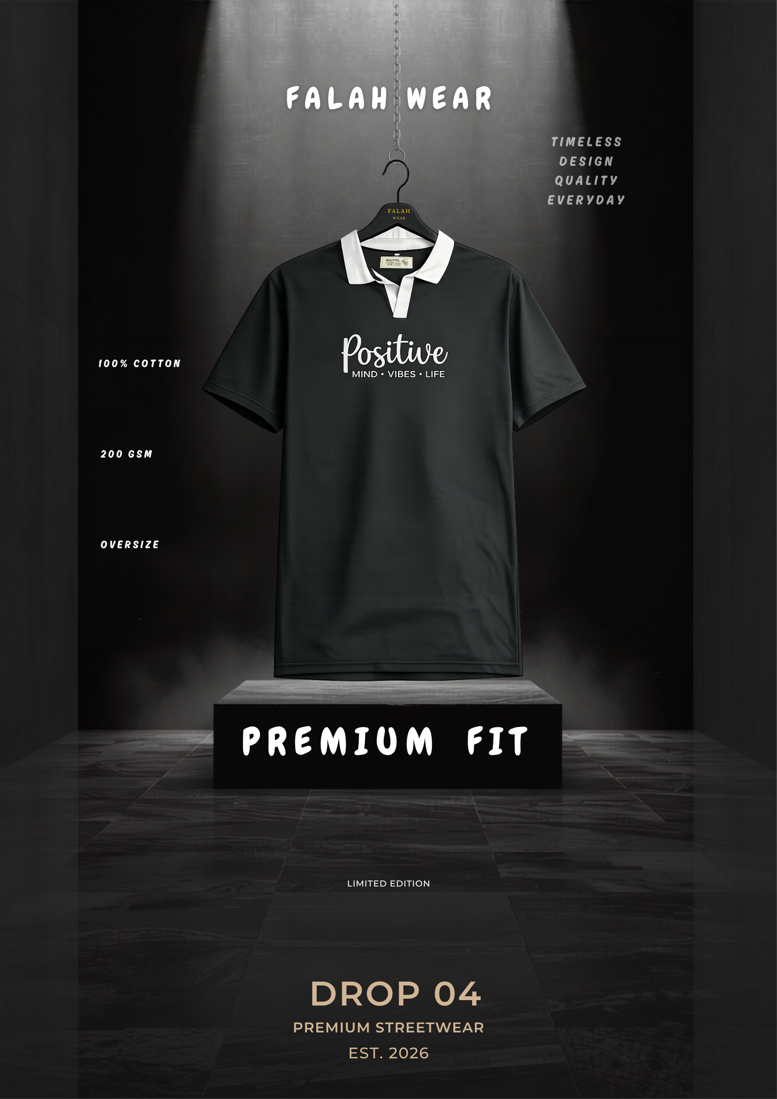 A black short-sleeve polo shirt with a white collar and white printed text on the chest, hanging on a hanger above a pedestal in a dramatic dark studio setting. The image includes promotional text such as 'FALAH WEAR', 'PREMIUM FIT', and 'DROP 04'.