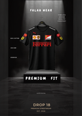 A black short-sleeve Ferrari t-shirt with sponsor logos and a red Ferrari logo on the chest, displayed on a hanger above a pedestal in a dark studio setting. Text around the shirt includes 'FALAH WEAR', 'PREMIUM FIT', and 'DROP 18'.