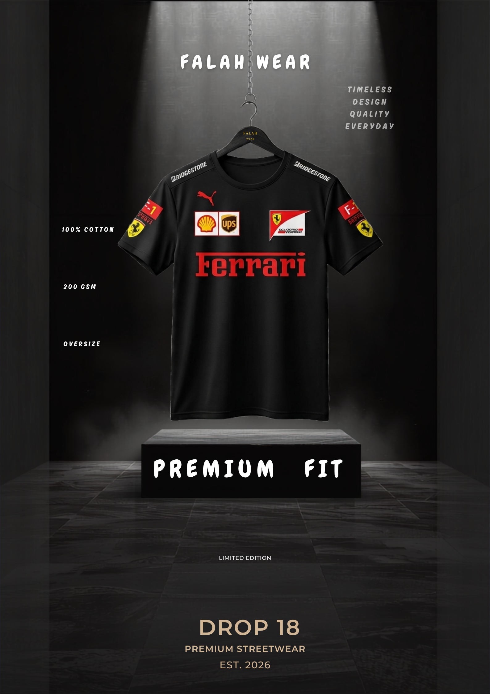 A black short-sleeve Ferrari t-shirt with sponsor logos and a red Ferrari logo on the chest, displayed on a hanger above a pedestal in a dark studio setting. Text around the shirt includes 'FALAH WEAR', 'PREMIUM FIT', and 'DROP 18'.