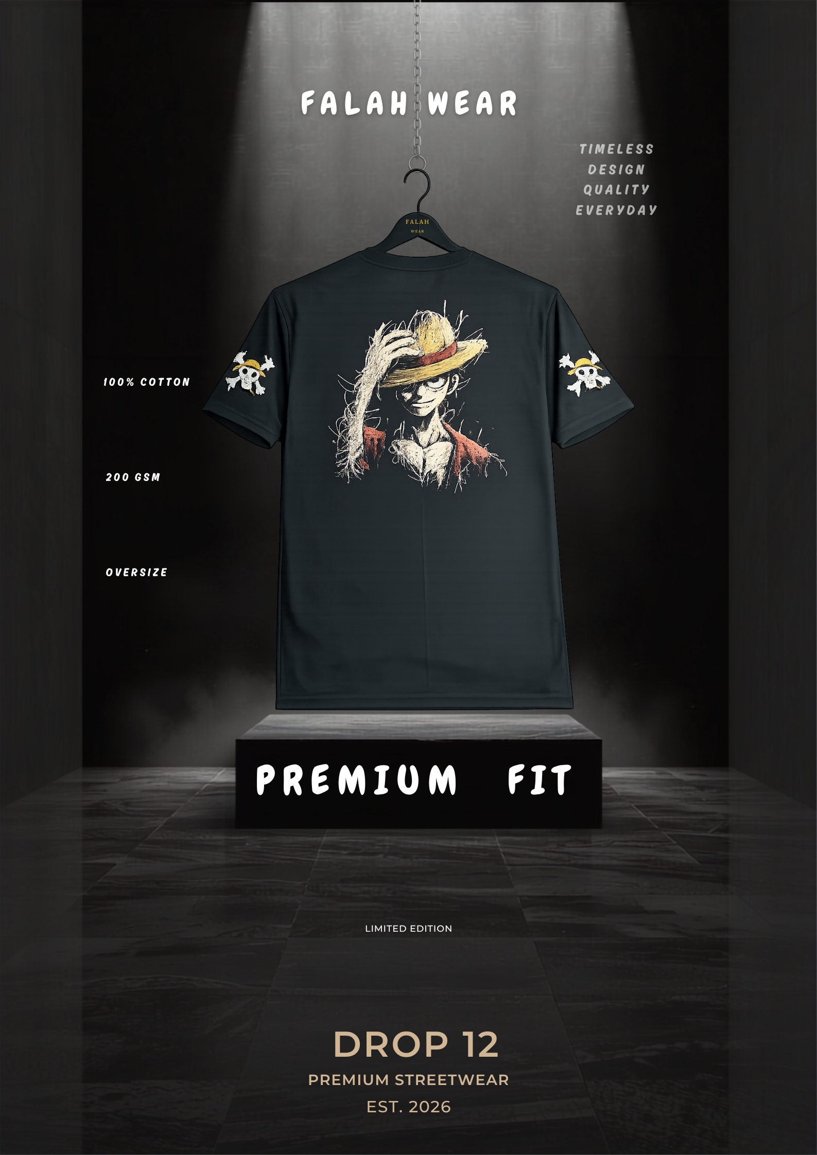 A dark charcoal gray t-shirt displayed on a hanger against a dark studio background with dramatic spotlighting. The shirt features a colorful 'FALAH' logo on the chest and matching sleeve graphics.