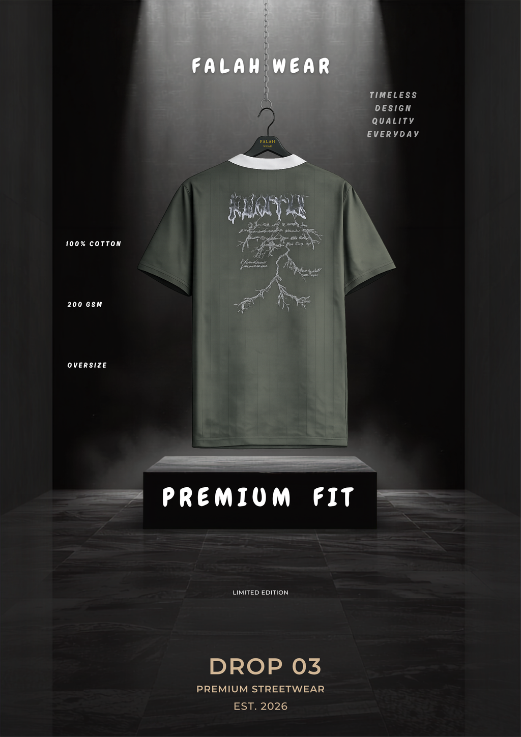 An olive green t-shirt with a white graphic print on the back, hanging on a black hanger from a spotlight against a dark background. The image features promotional text overlays including 'FALAH WEAR', 'PREMIUM FIT', and 'DROP 03'.
