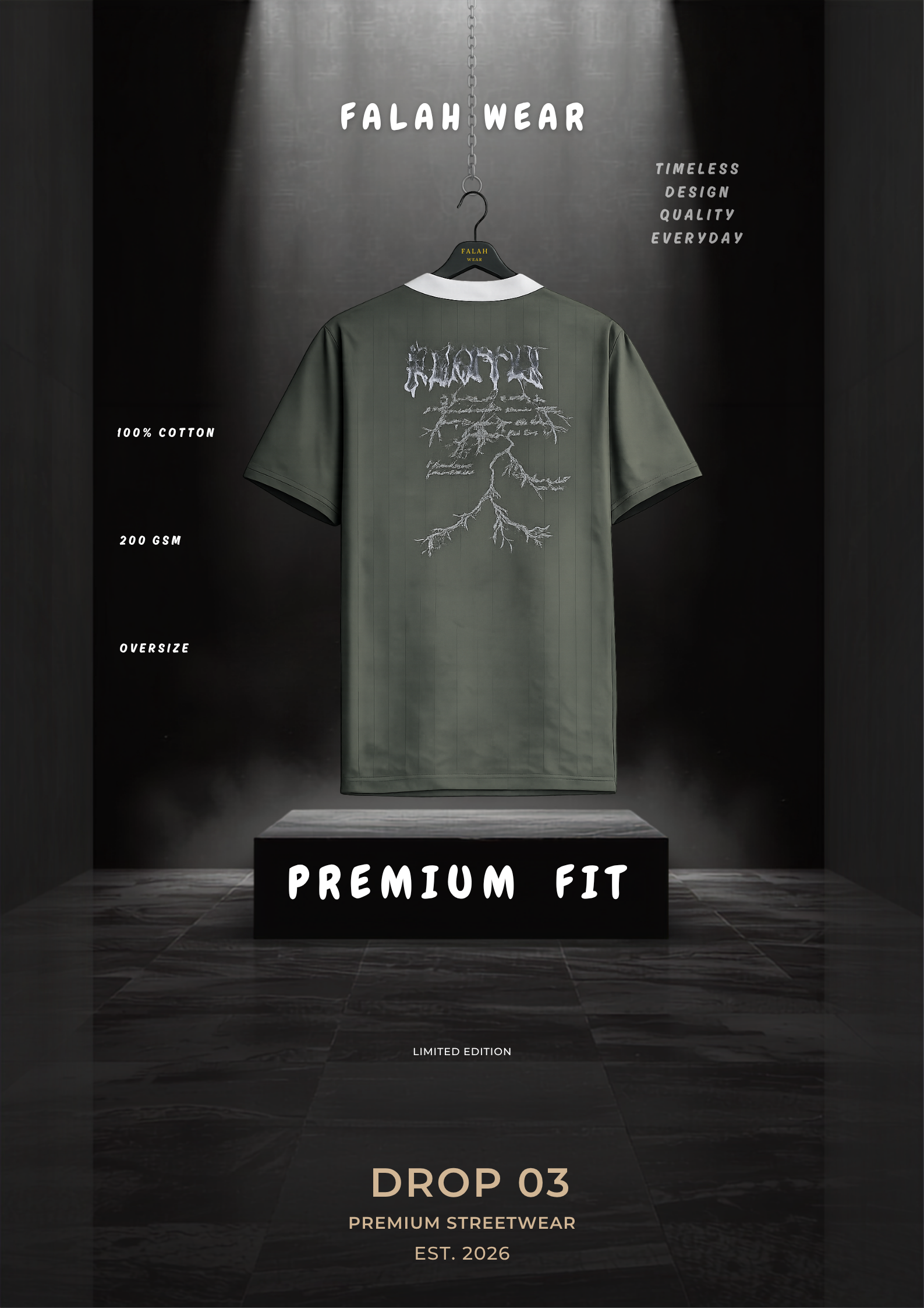 An olive green t-shirt with a white graphic print on the back, hanging on a black hanger from a spotlight against a dark background. The image features promotional text overlays including 'FALAH WEAR', 'PREMIUM FIT', and 'DROP 03'.