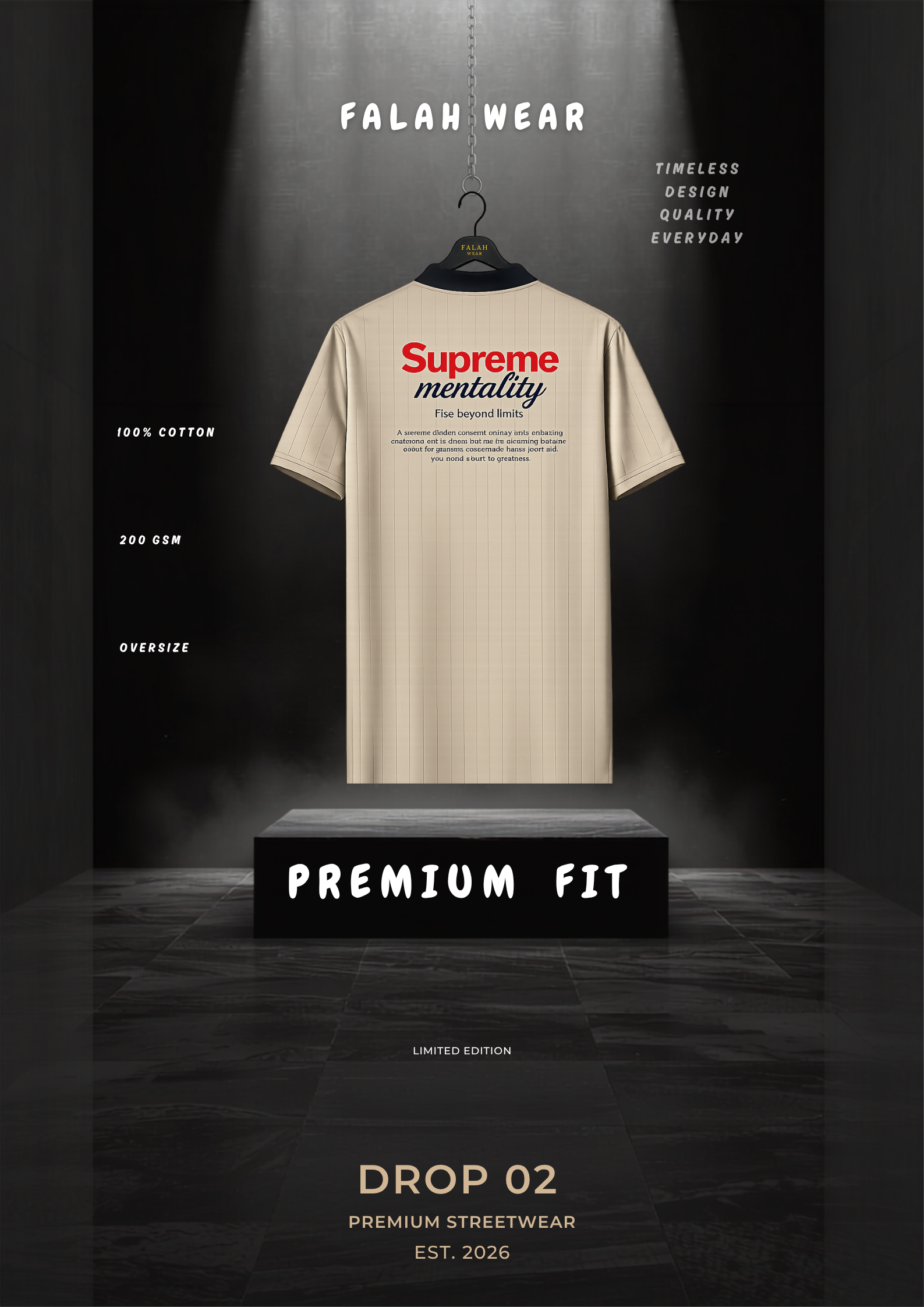 A beige short-sleeve t-shirt with a red and black 'Supreme mentality' graphic, displayed on a black hanger over a black pedestal in a dark, dramatic studio setting with text overlays.
