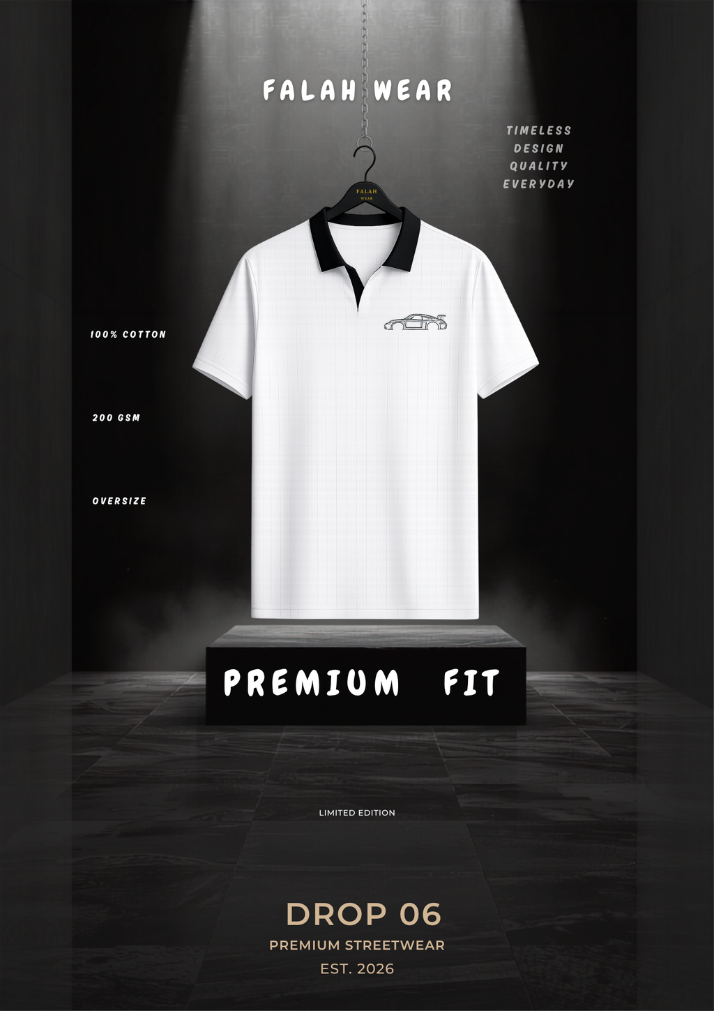 A white short-sleeve polo shirt with a black collar and a small embroidered logo on the chest, displayed on a hanger above a pedestal in a dramatic black studio setting. Text around the shirt reads 'FALAH WEAR', 'PREMIUM FIT', and 'DROP 06'.