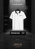 A white short-sleeve polo shirt with a black collar and a small embroidered logo on the chest, displayed on a hanger above a pedestal in a dramatic black studio setting. Text around the shirt reads 'FALAH WEAR', 'PREMIUM FIT', and 'DROP 06'.