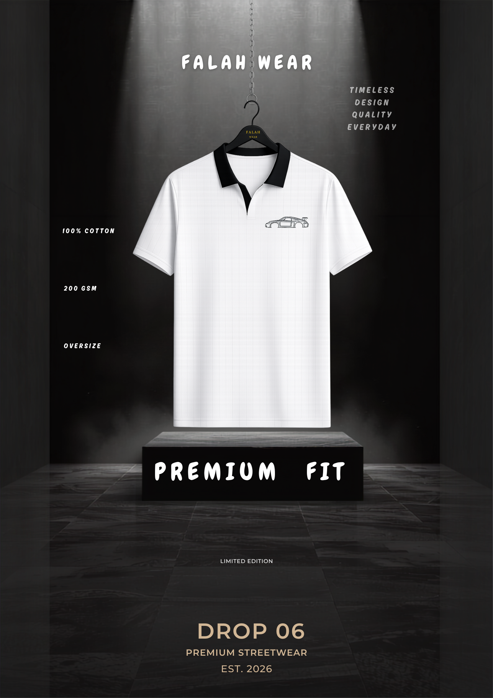 A white short-sleeve polo shirt with a black collar and a small embroidered logo on the chest, displayed on a hanger above a pedestal in a dramatic black studio setting. Text around the shirt reads 'FALAH WEAR', 'PREMIUM FIT', and 'DROP 06'.