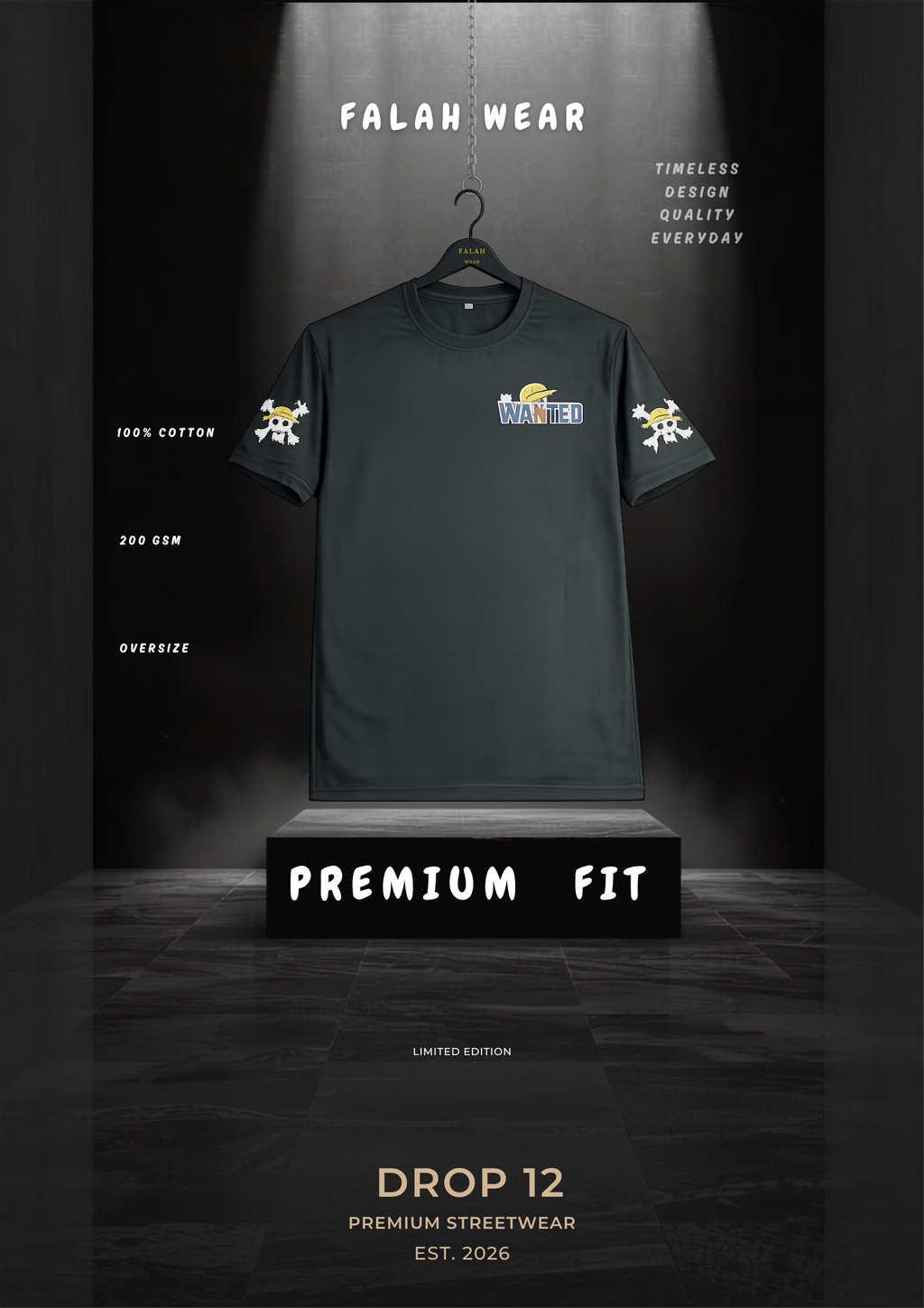 A dark charcoal gray t-shirt displayed on a hanger against a dark studio background with dramatic spotlighting. The shirt features a colorful 'FALAH' logo on the chest and matching sleeve graphics.