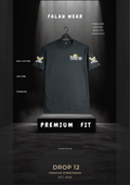 A dark charcoal gray t-shirt displayed on a hanger against a dark studio background with dramatic spotlighting. The shirt features a colorful 'FALAH' logo on the chest and matching sleeve graphics.
