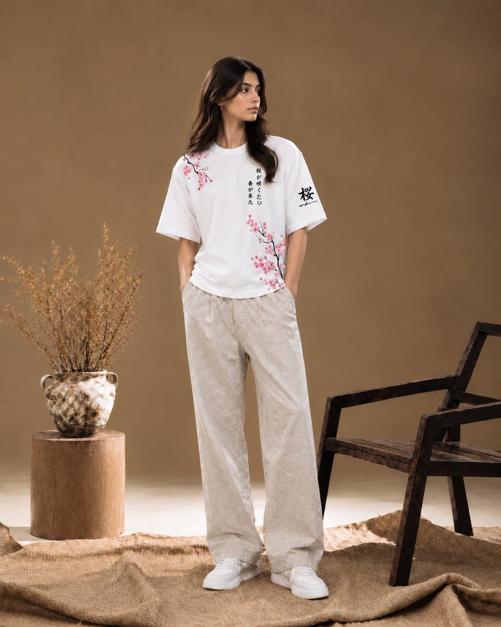 Sakura Bloom Oversized Drop Shoulder T-Shirt – White