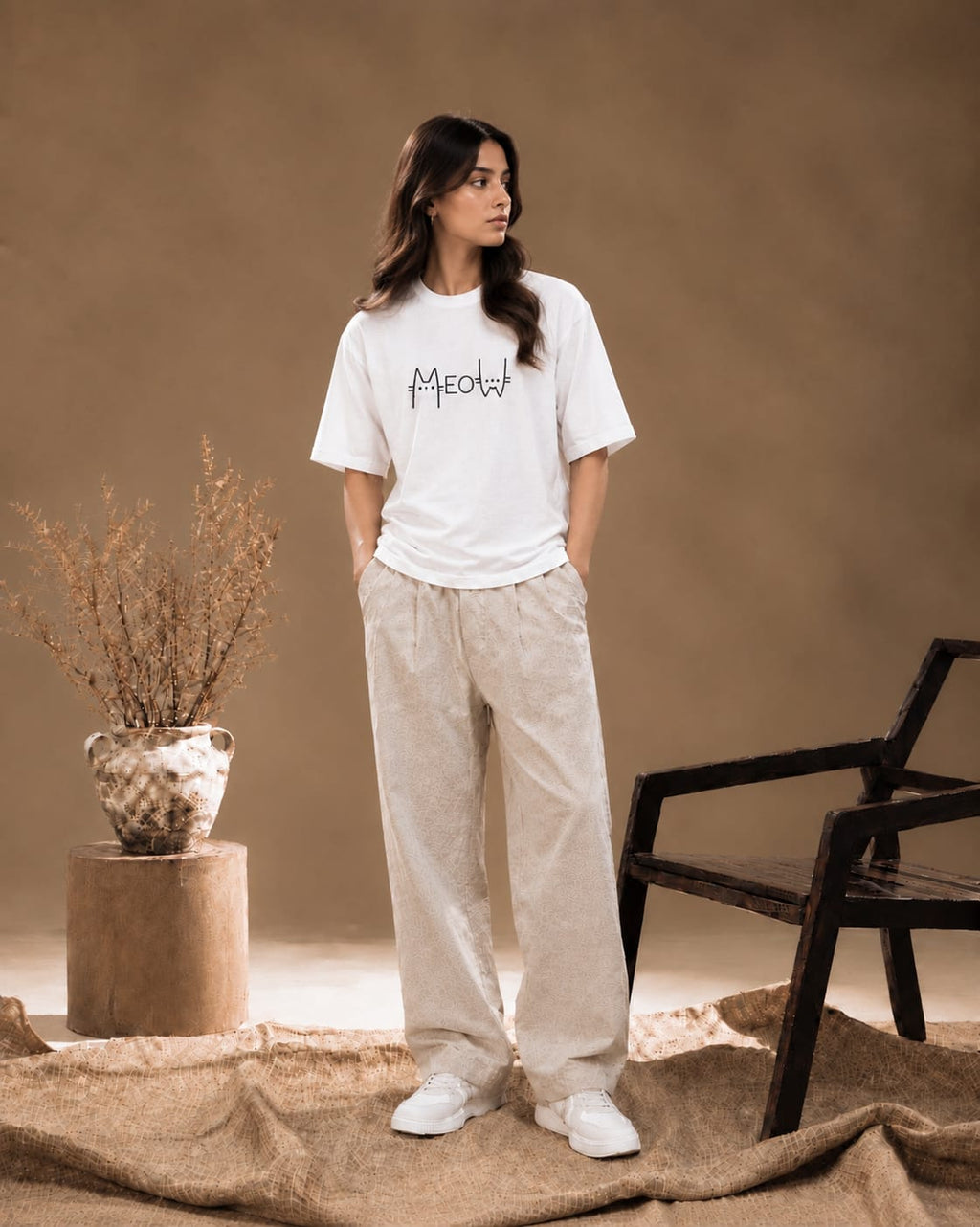 Meow Minimal Oversized Drop Shoulder T-Shirt – White